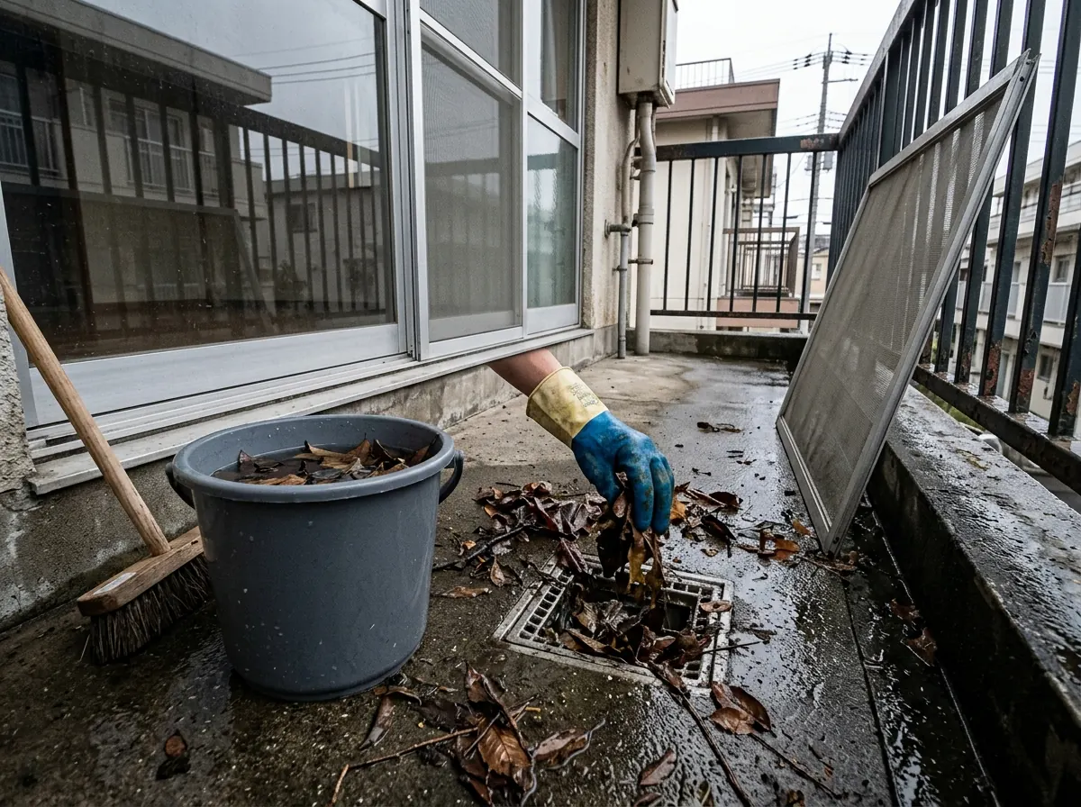 集合住宅のベランダで、手袋をした手が床の排水口にたまった落ち葉を取り除き、外した網戸が手すりに立てかけてある様子